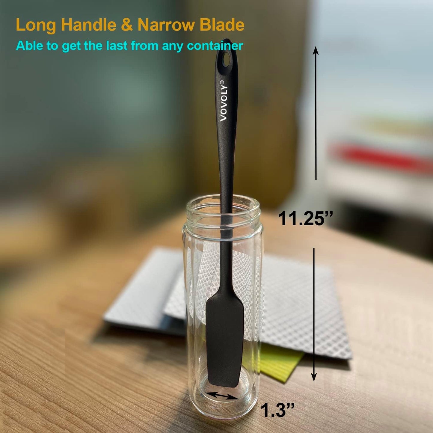 Silicone Jar Spatula, Small Head with Long Handle, Rubber Spatulas Scraper for Jar, Blender, Bottle, Etc. High Heat Resistant for Nonstick Cookware, Seamless, BPA Free, 11.2 Inch, Black.