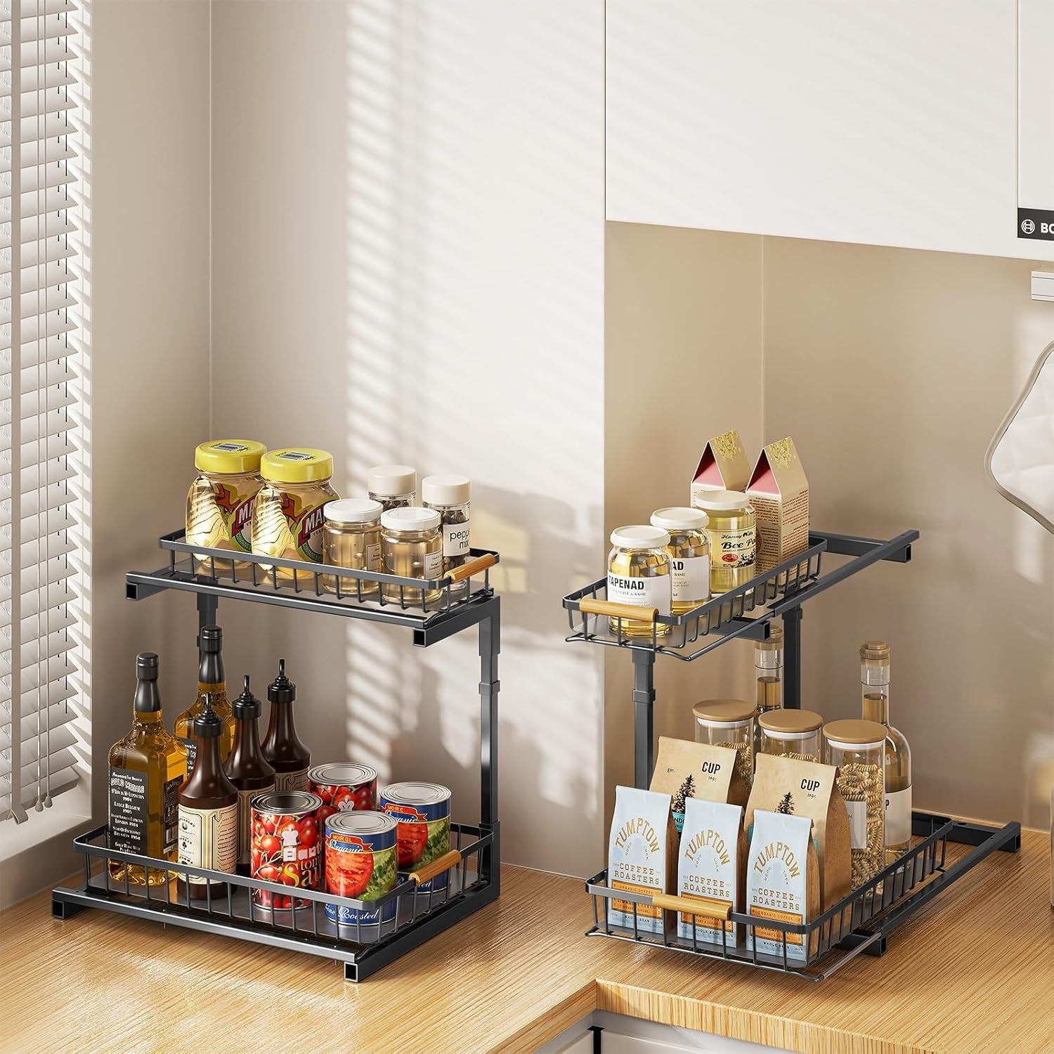 2 Pack under Sink Organizer and Storage, 2 Tier Pull Out Cabinet Organizer, Slide Out under Sink Storage Shelf, Undersink Organizers Shelves for Kitchen Bathroom Pantry Organization