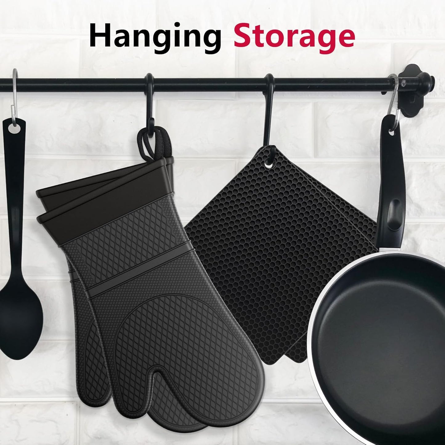 Extra Long Silicone Oven Mitts with Pot Holders with Soft Cotton Lining Non-Slip Textured Grip, Heat and Slip Resistant Oven Mitts with Pot Holders for Baking, Cooking, Black