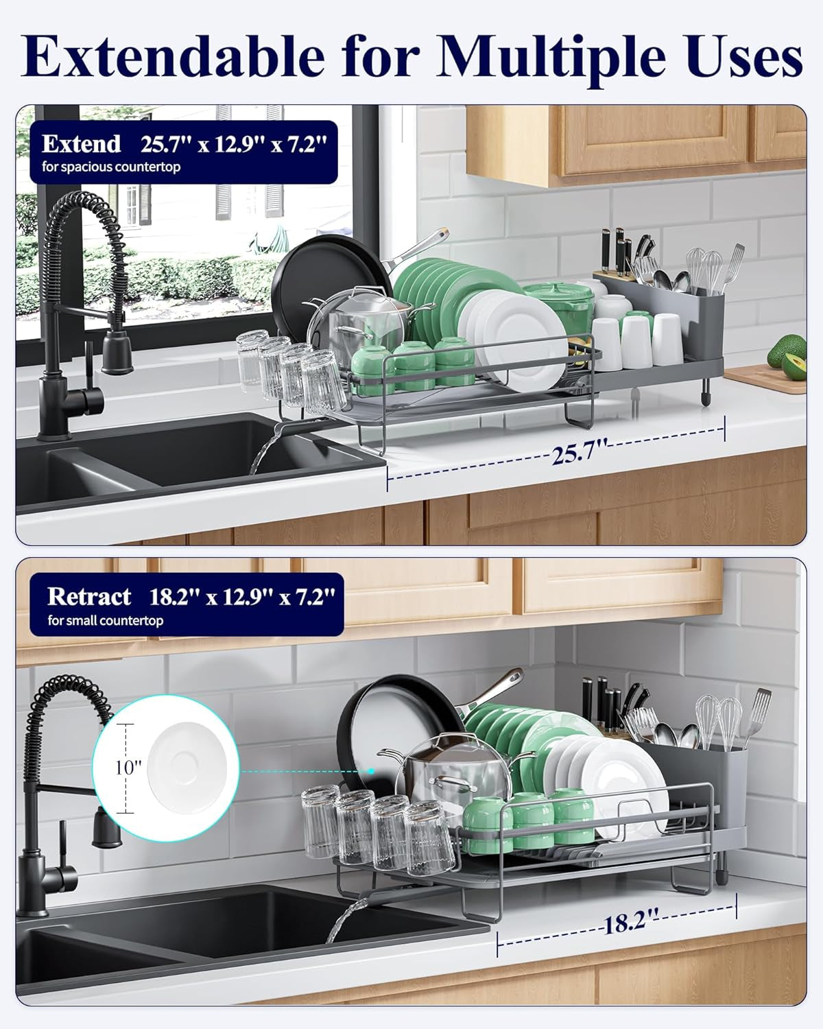 Extendable Dish Drying Rack, Large Drying Dish Rack with Cutlery & Cup Holders, Multifunctional Dish Racks for Counter with Drainage, 18.2"-25.7" L X 12.9" W, Grey