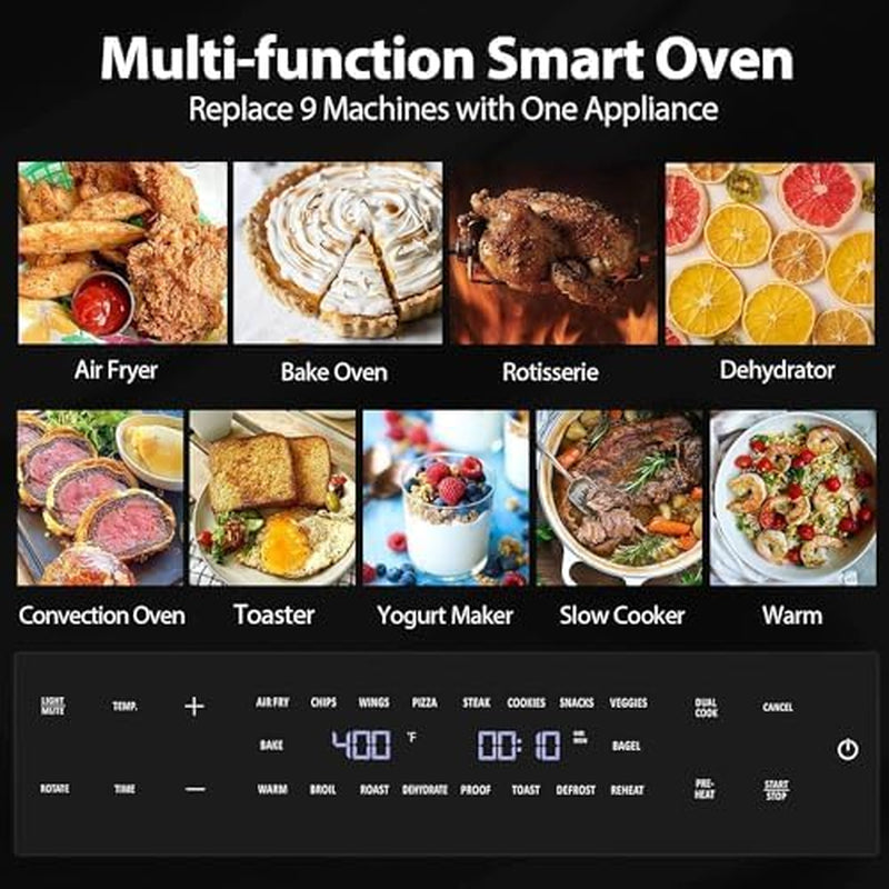 32QT Extra Large Air Fryer, 19-In-1 Air Fryer Toaster Oven Combo with Rotisserie and Dehydrator, Digital Convection Oven Countertop Airfryer Fit 13" Pizza, 6 Accessories, 1800W (Black)