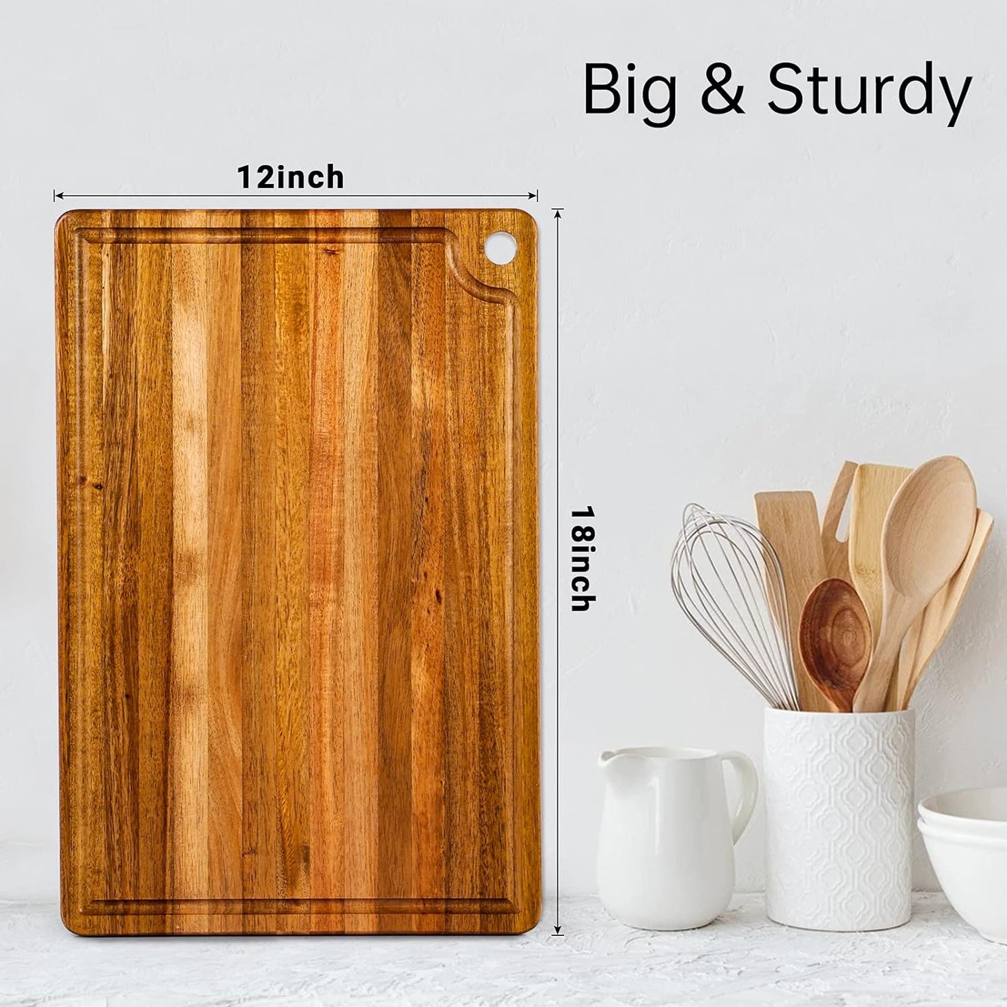 Acacia Wood Cutting Board - Premium 18 x 12 Inch Butcher Block with Juice Groove and Handle Hole for Meat, Vegetables, and Cheese