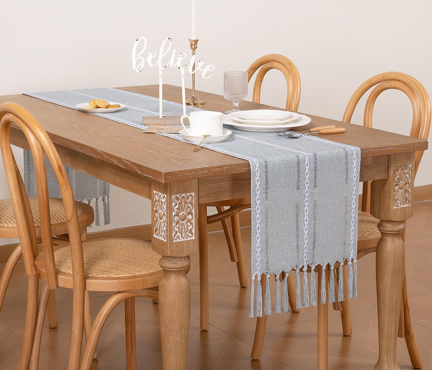 Farmhouse Table Runner 60 Inches - Macrame Woven Cotton Rustic Fall Thanksgiving Runner with Tassels for Boho Home Decor Living Dining Room - 13X60 Inches Silver