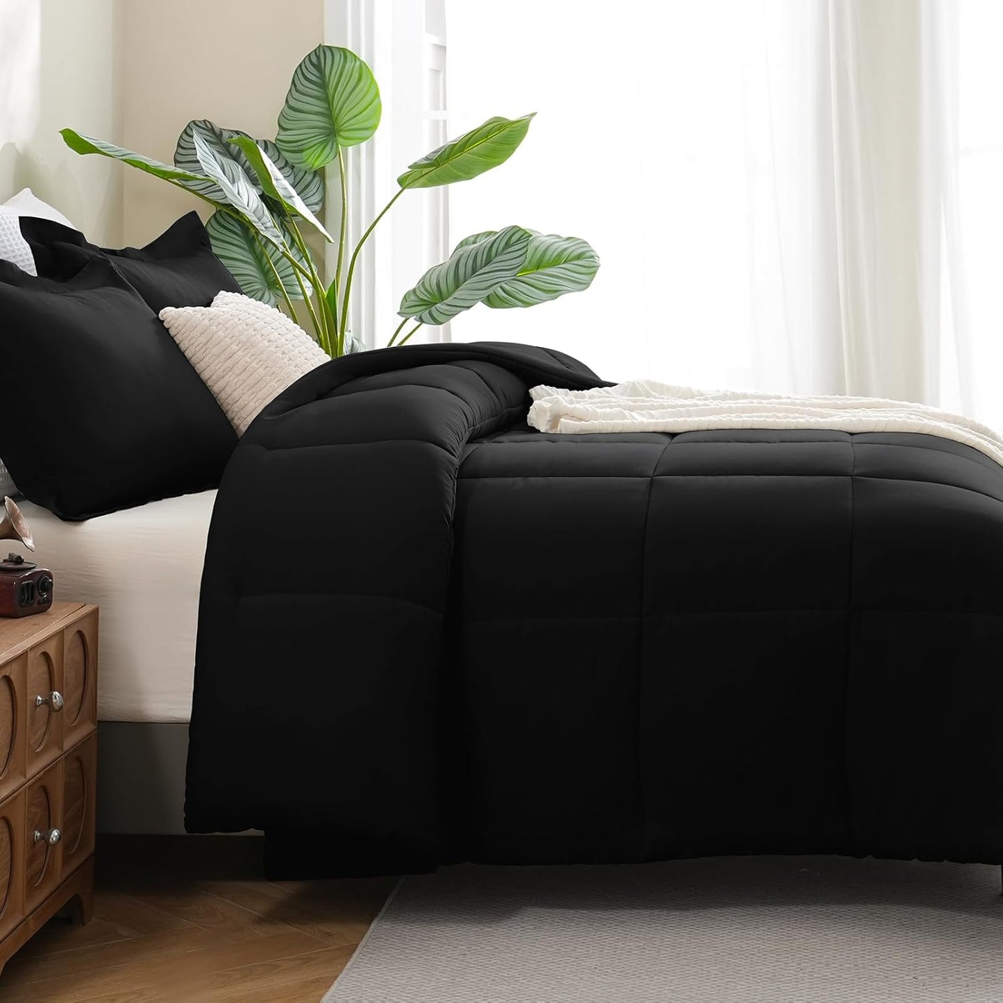 Queen Comforter Set Black - 3 Pieces Box Stitched Comforters Queen Size, Soft Bed Set for All Seasons, Lightweight Bedding Sets with 1 down Alternative Comforter and 2 Pillow Shams