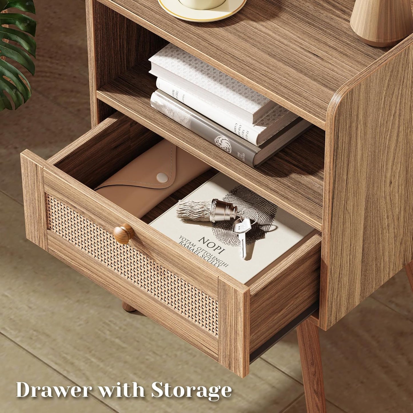 Walnut Nightstand with Integrated Charging Station and Rattan-Style Drawer, Solid Wood Legs, Open Storage Design for Bedroom, Living Room, and Dormitory