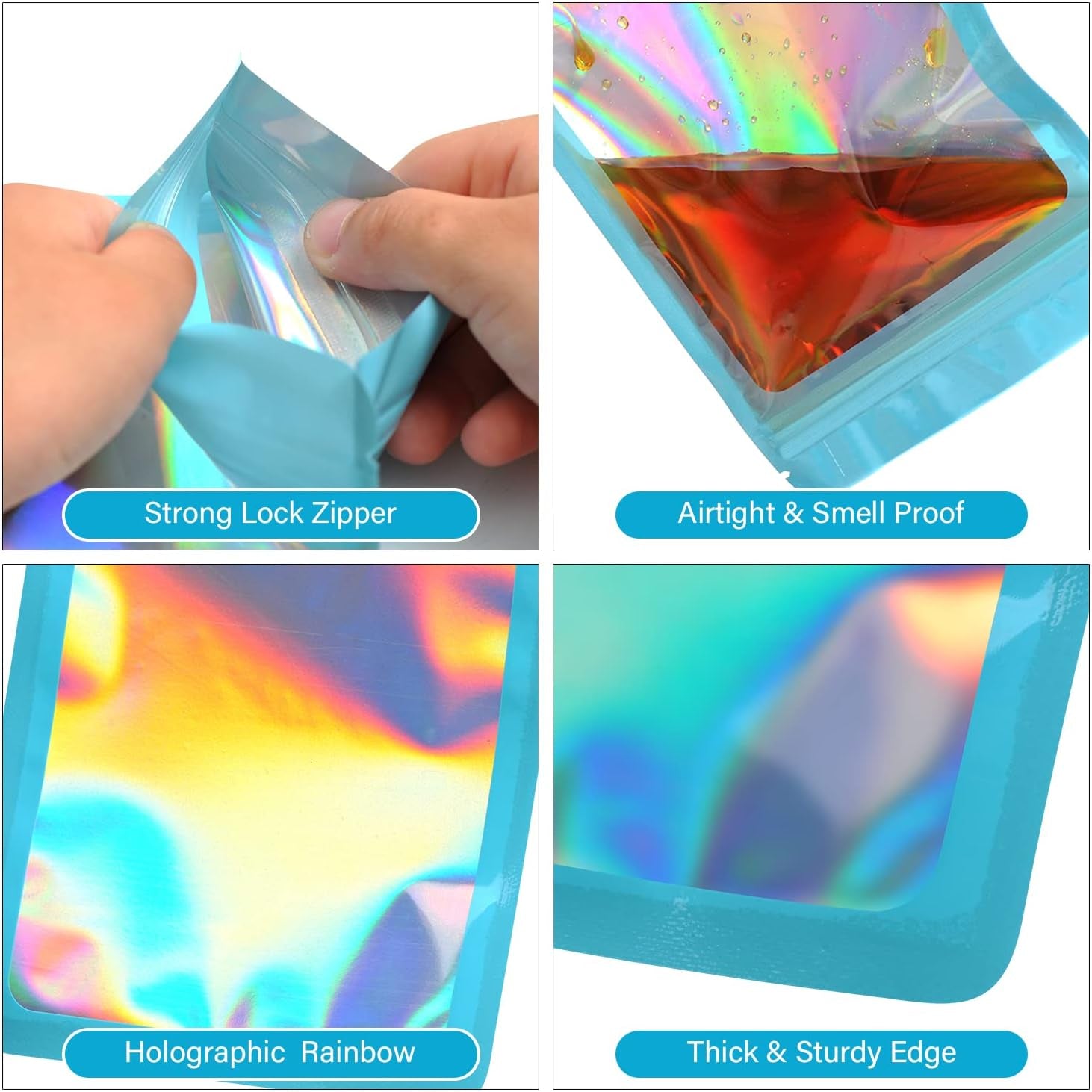 100-Pack Mylar Bags with Clear Window Holographic Resealable Sealable Packaging Zip Bag for Small Bussiness Jewelry Candy Sample Food Packing Supplies (3×3 Inch,Blue)