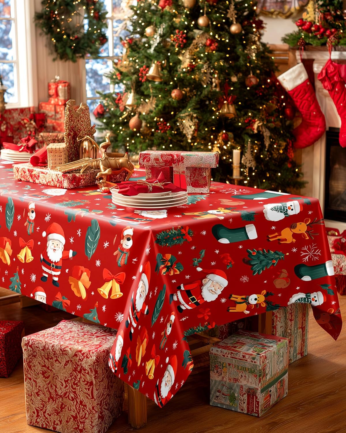 Plastic Table Cloth Disposable 10 Pack, 54 X 108 Inch Table Cloths for Parties, Decorative Tablecloths for Rectangle Tables, Christmas Tablecloth Plastic, Leakproof & Sturdy, Christmas Red