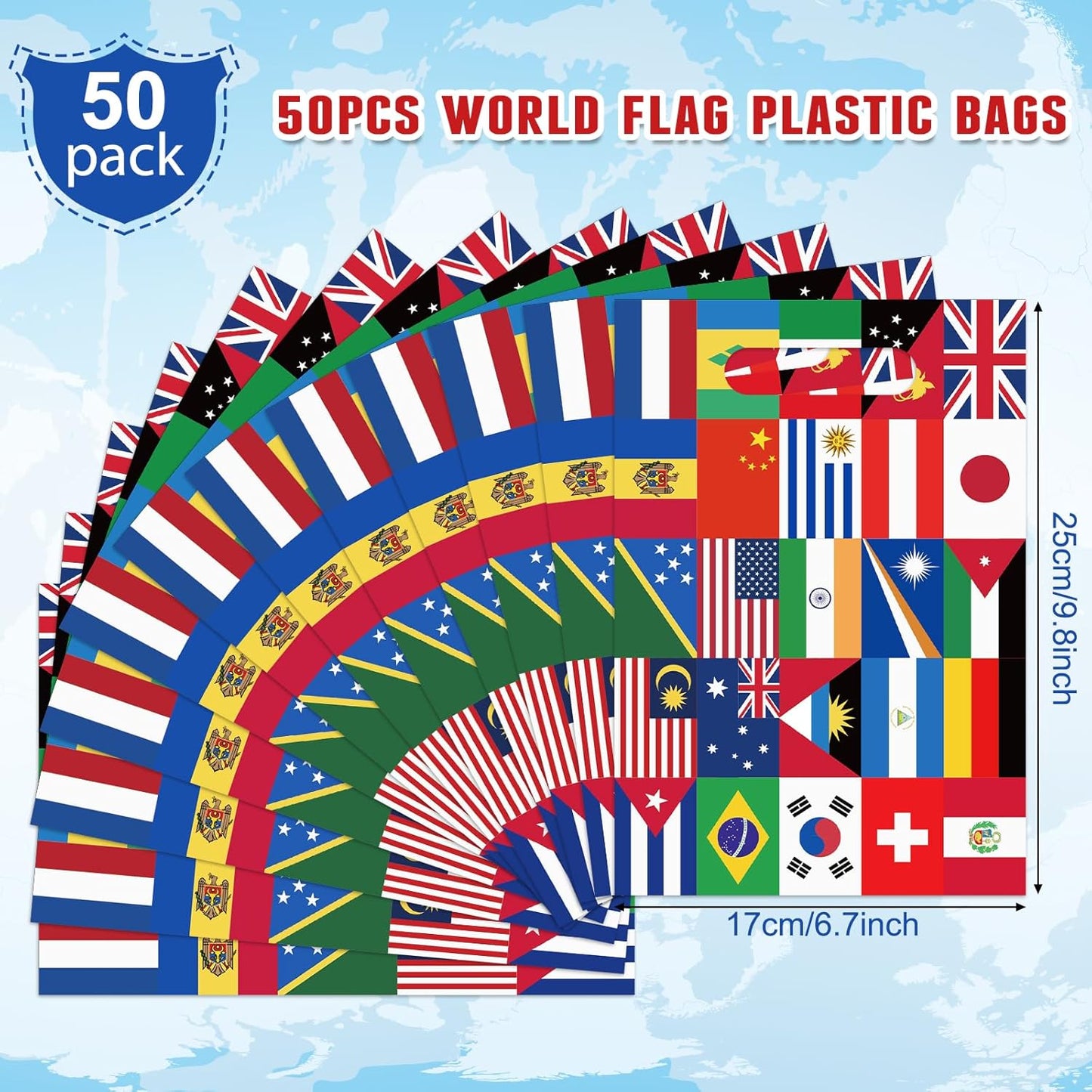 50 Pcs International Flag Plastic Gift Bags,World Flags Treat Goodie Bags with Handle for Soccer Sports Party Celebration School Party Decorations,6.7X 10 Inches
