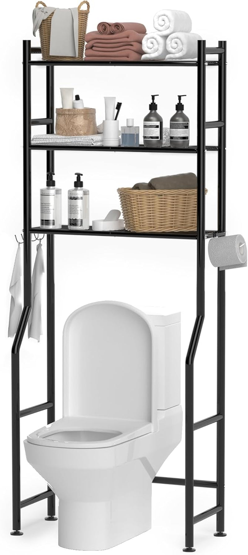 3-Tier Over-the-Toilet Storage Shelves, Freestanding Metal Bathroom Organizer with 4 Hooks, Black
