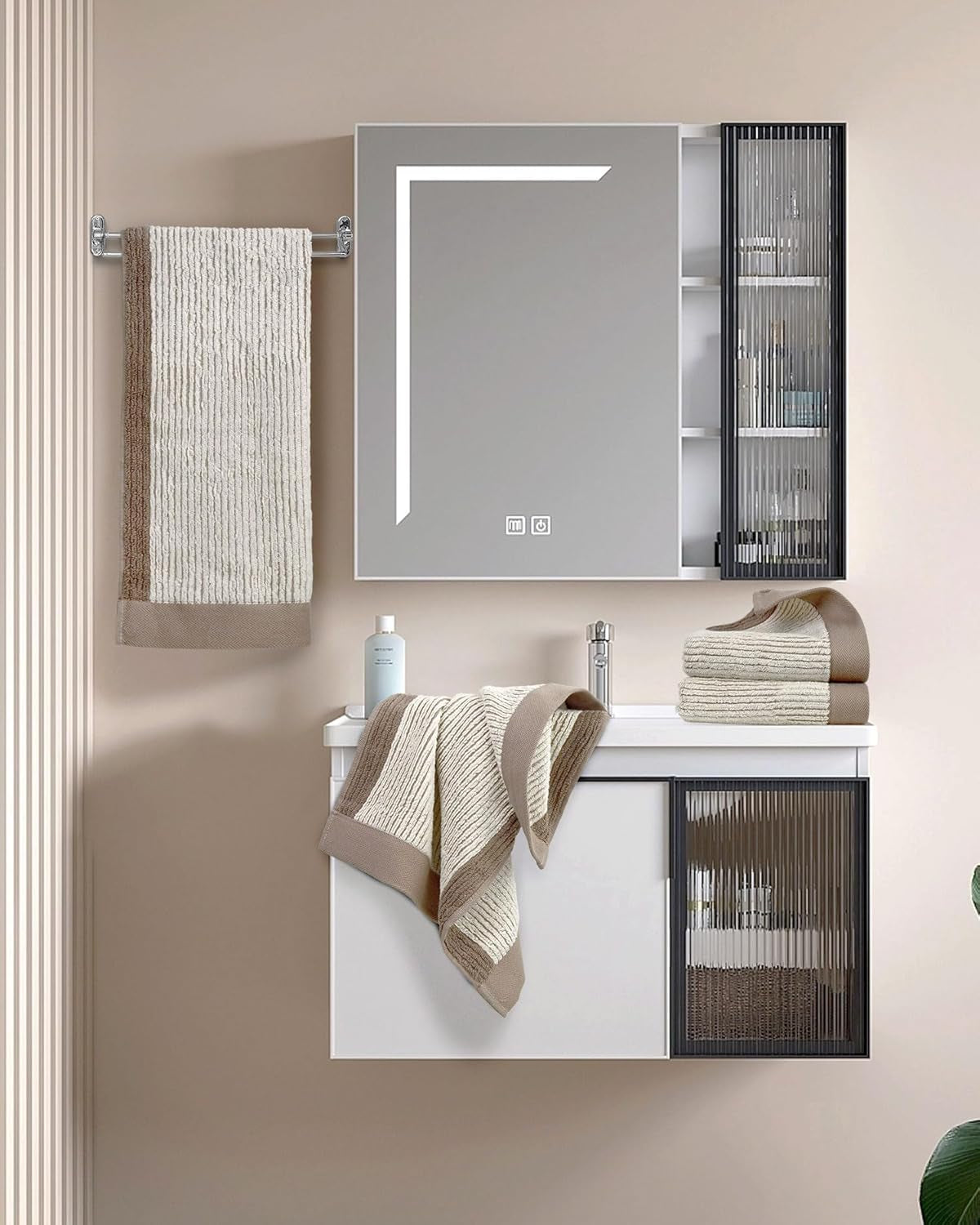 Hand Towels for Bathroom Set of 4, Jacquard Weaved Cotton Face Towels, 28 X 13.7 Inches (Light-Brown)