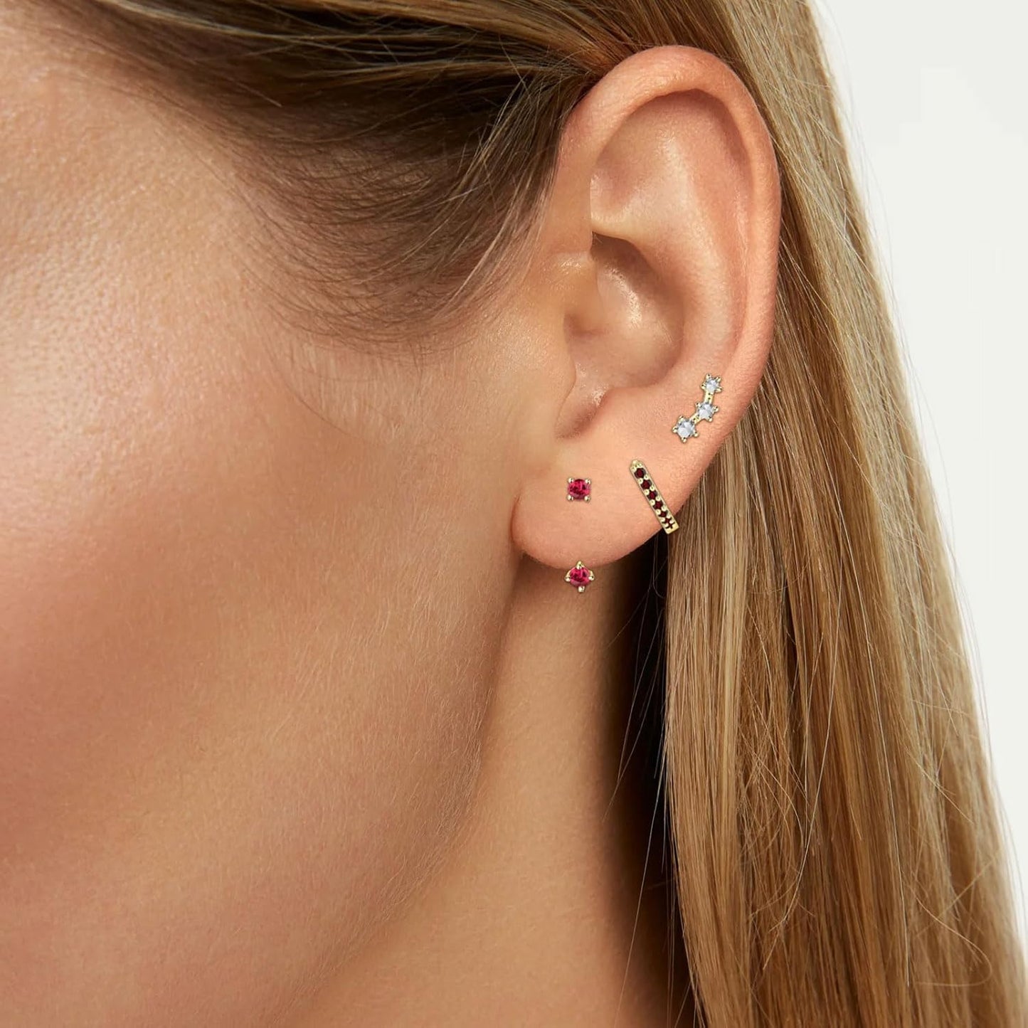 3Pairs Birthstone Piercing Stud Earrings for Women, Tiny Huggie Hoop Stud Earrings for Girls, Hypoallergenic Sensitive Ear Birthston Studs for Christmas Birthday Wedding Celebrations