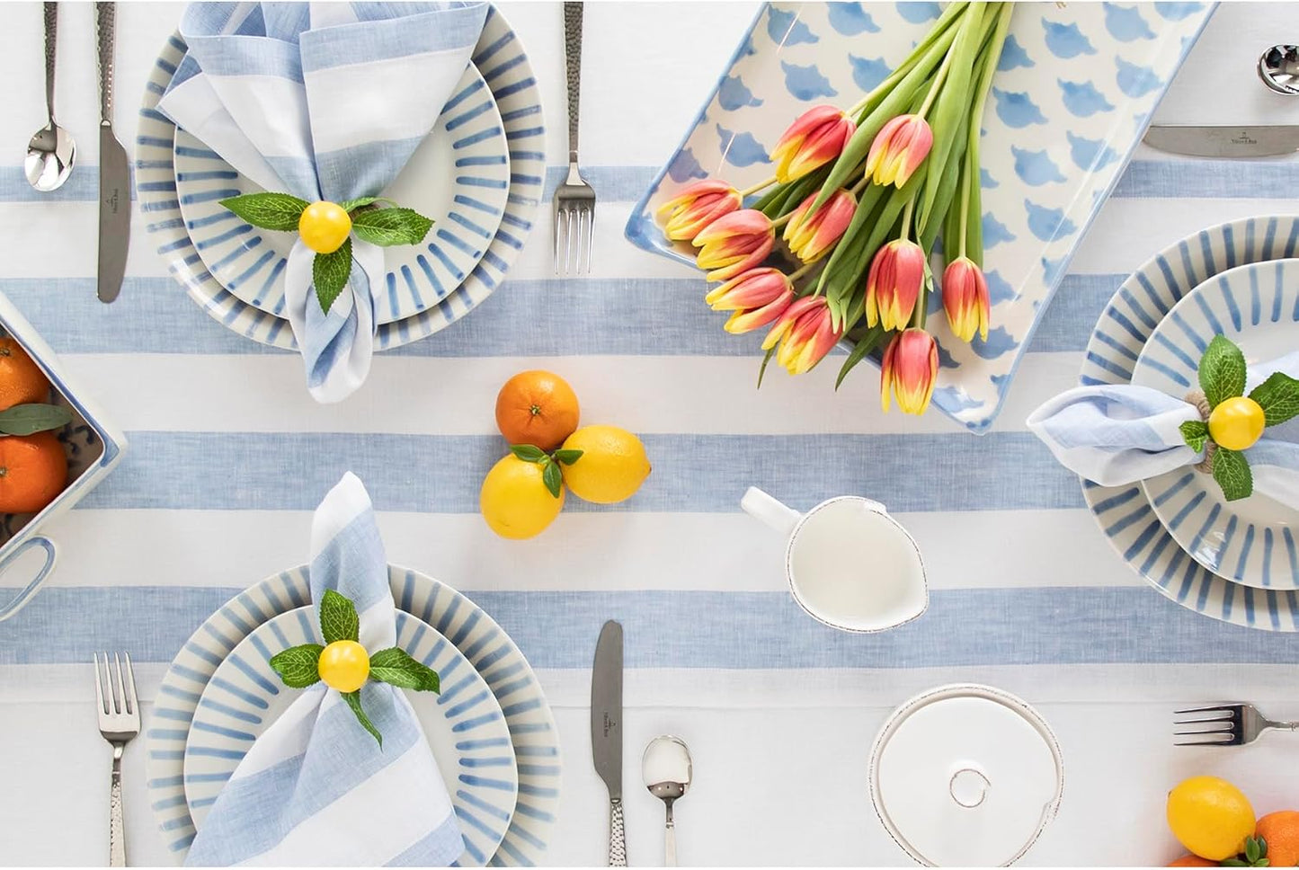 Linen Table Runner 36 Inches - Cabana Stripe 100% Pure Linen Sky Blue and White Table Runner 14 X 36 Inch Ideal for Dresser and Coffee Tables - Summer