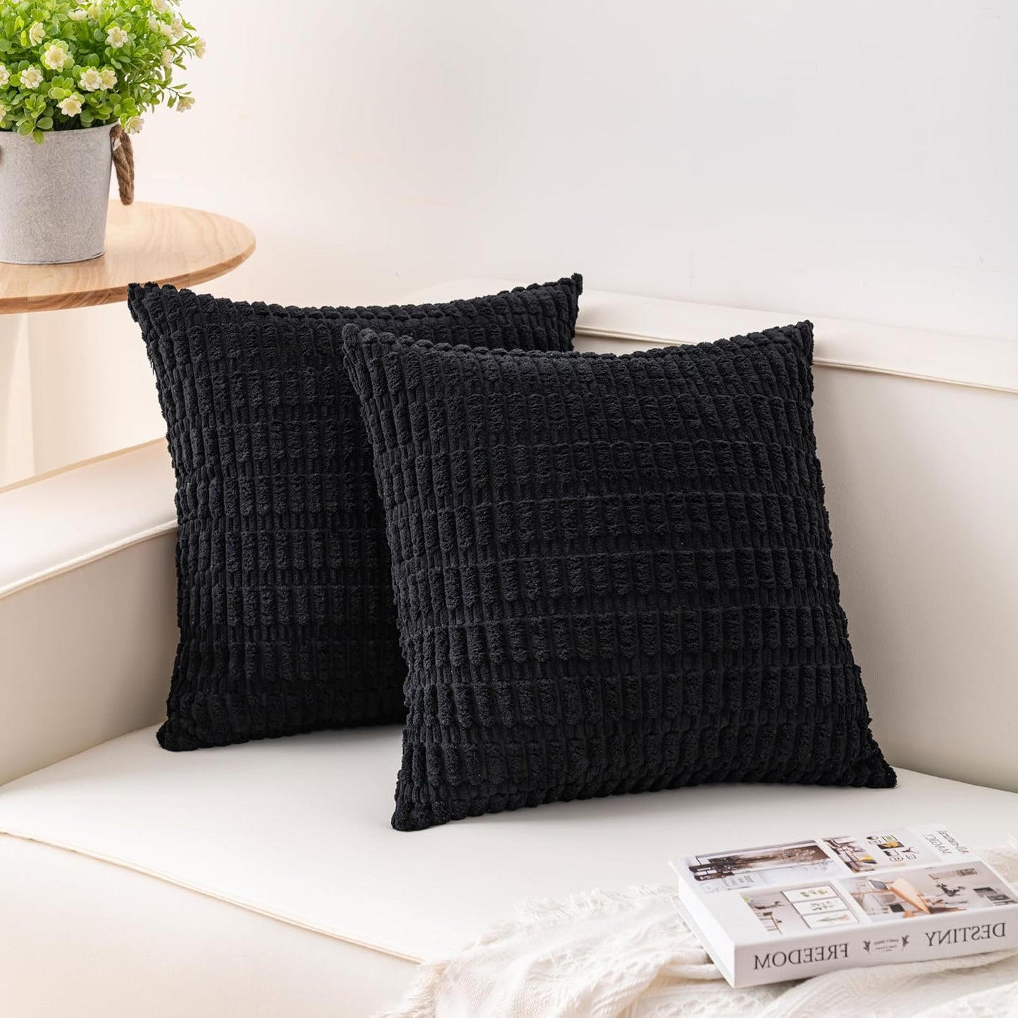 Pack of 2 Corduroy Decorative Throw Pillow Covers 18X18 Inchsoft Boho Striped Pillow Covers Modern Farmhouse Home Decor for Sofa Living Room Couch Bed(Black)