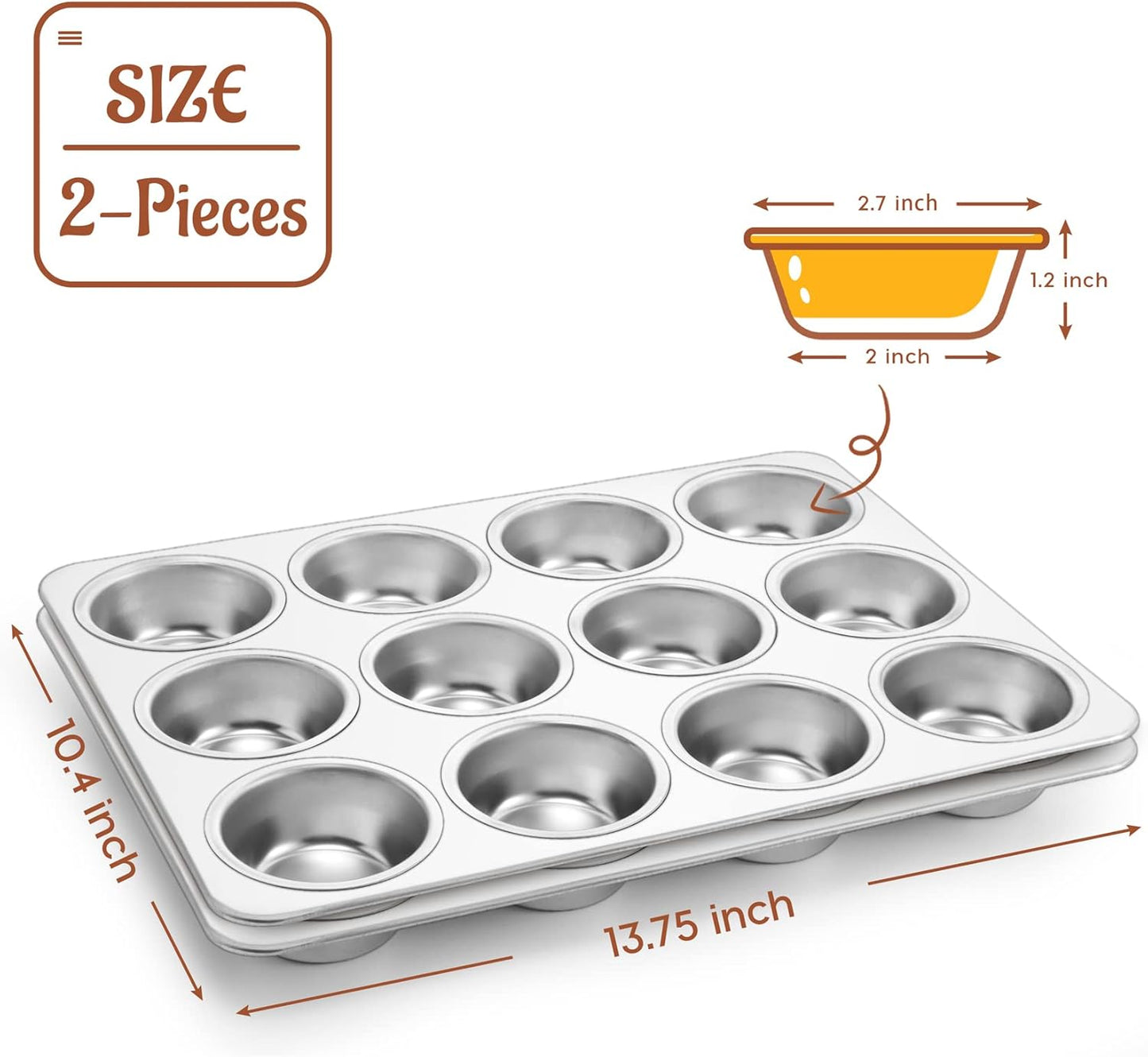 Muffin Pan Cupcake Baking Pan Set, Stainless Steel Muffin Tin Tray for Mini Cake Tart Quiche, Oven & Dishwasher Safe, Non-Toxic & Heavy-Duty, (12 Cup, 2Pcs)