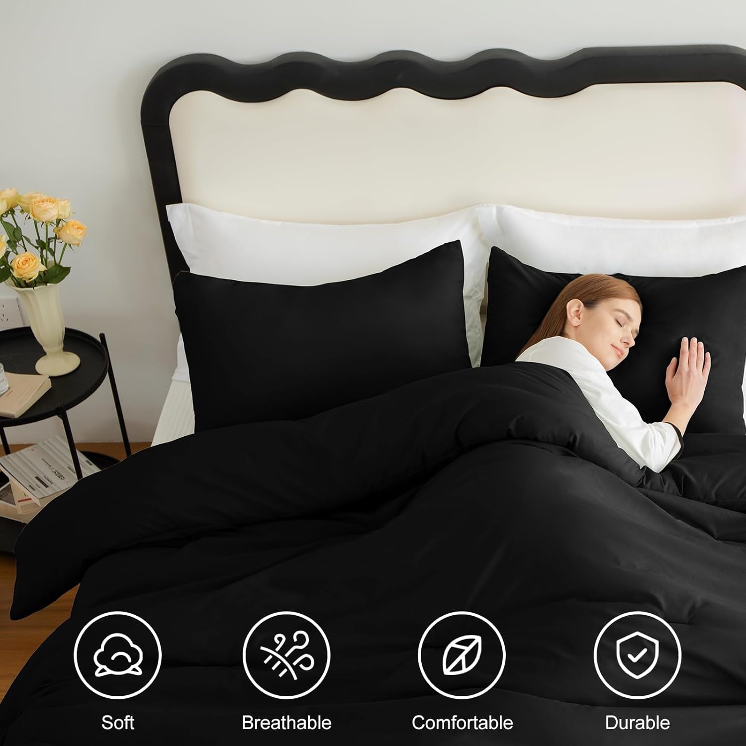 Queen Comforter Set Black, 3 Pieces Solid Queen Comforter Breathable Quilted Style Bedding Sets, Luxury Soft Microfiber down Alternative Comforter for All Season (1 Comforter & 2 Pillowcases)