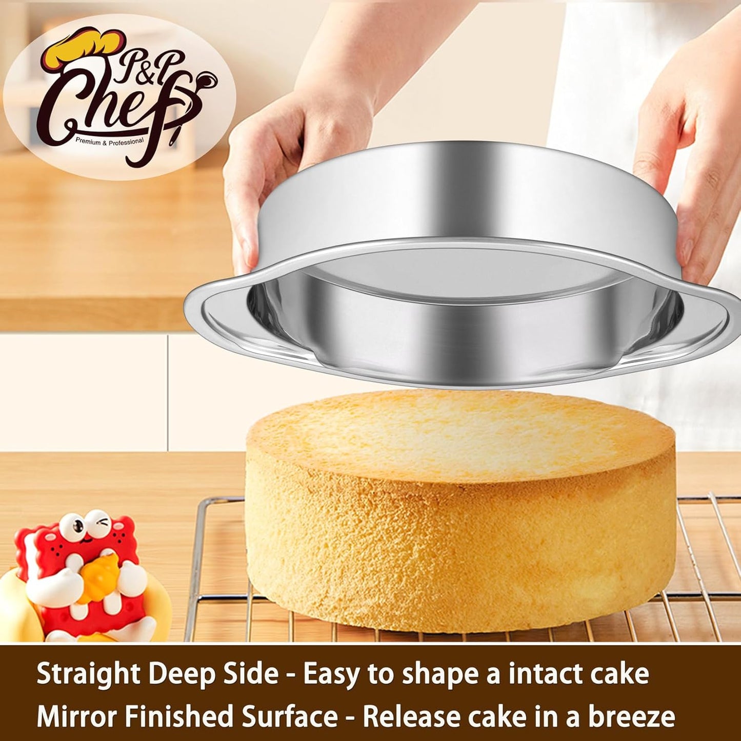 8 Inch Cake Pans Set for Baking, 3-Piece round Baking Pan with Handles, Stainless Steel Cake Tin for Birthday, One-Piece Design & Wider Handle, Dishwasher Safe & Heavy Duty, Silver