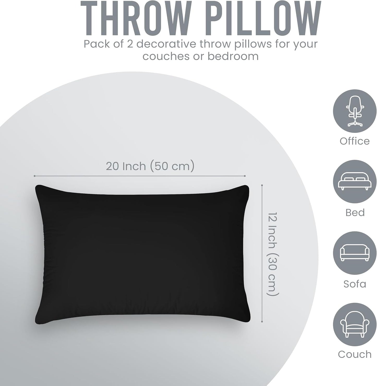 Throw Pillows (Pack of 2, Black), 12 X 20 Inches Indoor Decorative Pillow Insert for Sofa, Bed and Couch