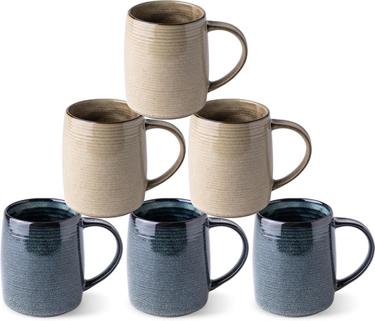 Set of 6 Large Handmade Stoneware Coffee Mugs, 18 Oz - Dishwasher & Microwave Safe, Multi-Color for Latte, Cappuccino, and Hot Cocoa