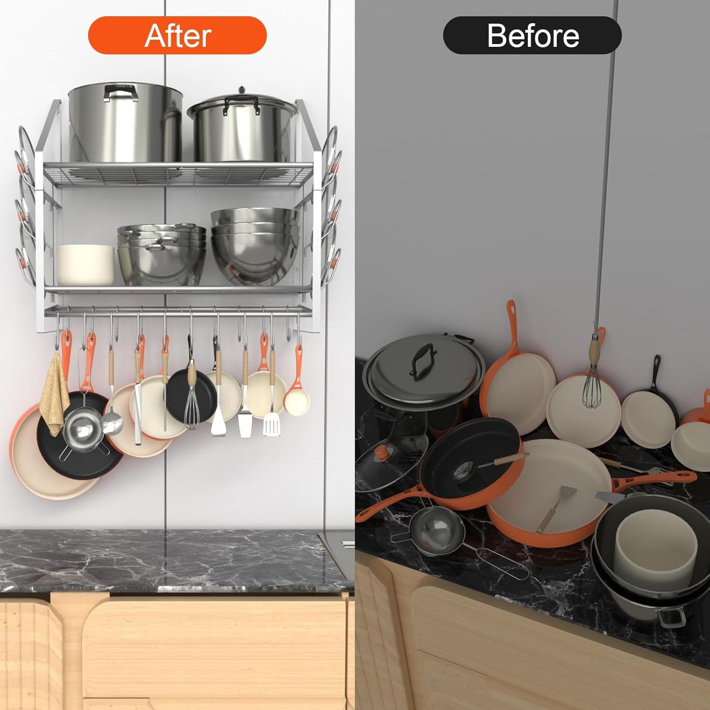 28 Inch Pot Rack Wall Mounted, 2 Tier Pots and Pans Organizer with 20 Hooks and 6 Pot Lid Holders, Heavy Duty Steel Pot and Pan Hanger for Kitchen Cookware Utensils Storage, Silver