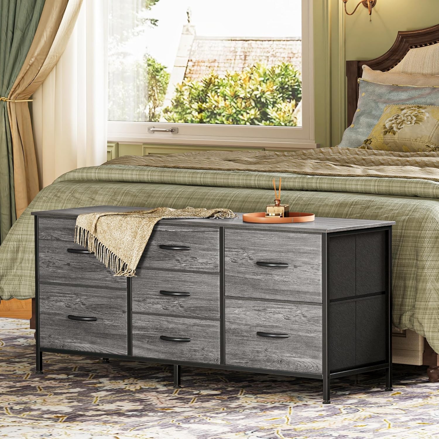 7-Drawer Fabric Dresser and 47-Inch TV Stand for 43-55 Inch TVs, Wide Chest of Drawers for Bedroom Storage, Metal Frame, Grey