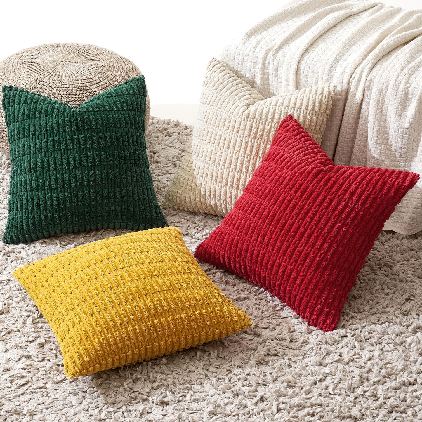 Pack of 4 Boho Farmhouse Dark Green and Yellow Corduroy Decorative Throw Pillow Covers 18X18 Inch Retro Soft Striped Pillow Covers Home Decor for Sofa Living Room Couch Bed
