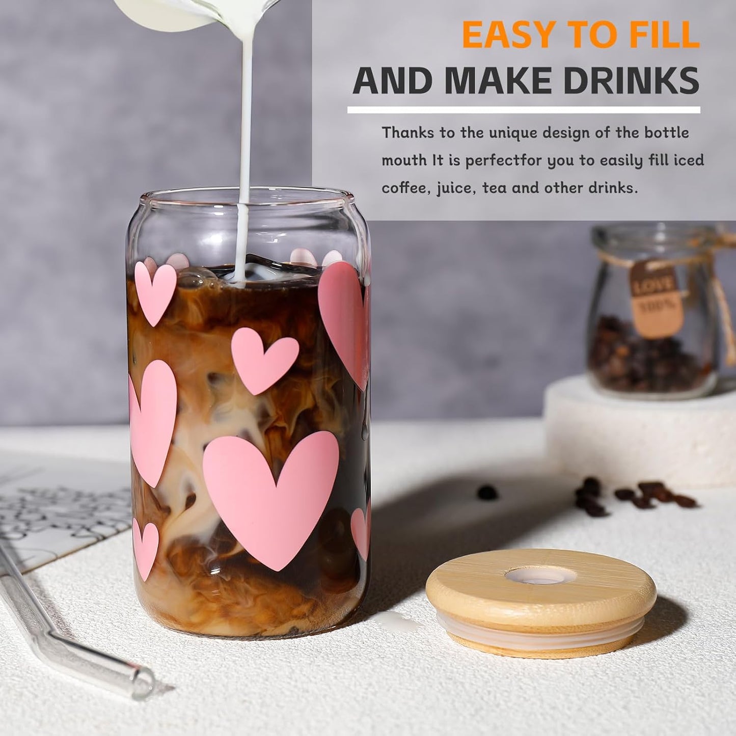 Glass Cups with Lids and Straws with Design Pink Hearts 4 Pcs,Clear Glass Cups 16 Oz-Glass Tumbler,Cute Glass Iced Coffee Cups with Lids and Straws
