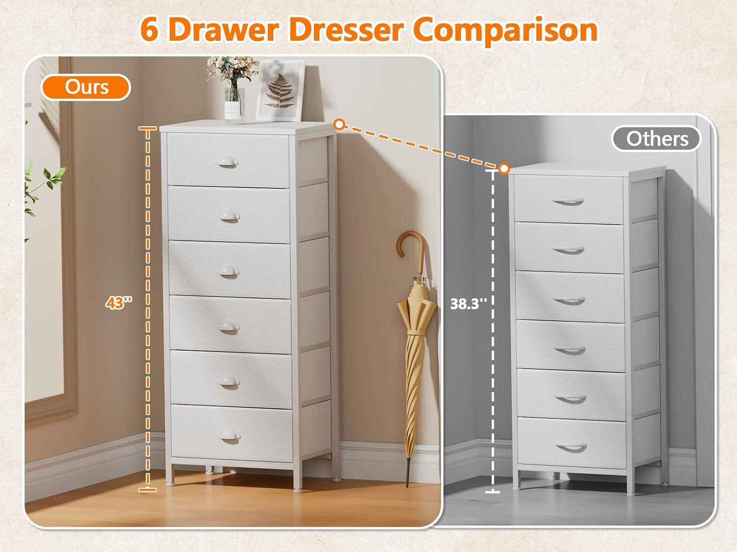 White Vertical Tall Dresser with 6 Fabric Drawers - Versatile Storage Tower and Nightstand for Bedroom, Living Room, Closet, Entryway, and Hallway