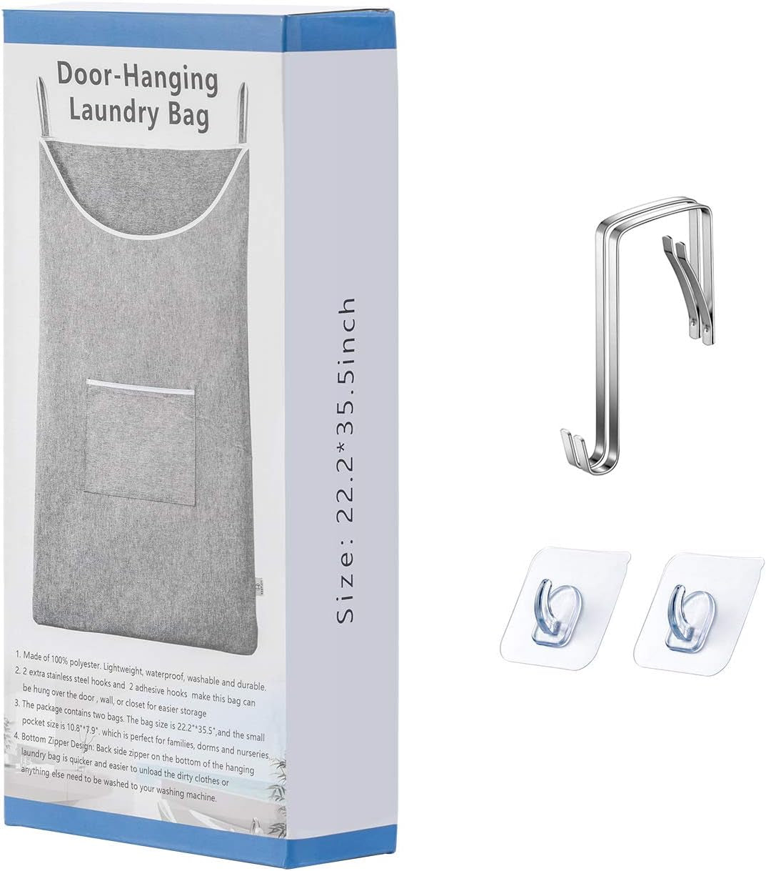 X-Large Door Hanging Laundry Hamper Bag, 2-Pack Large Capacity Storage Solution with Wide Opening, Size 35x22 Inches (Grey)