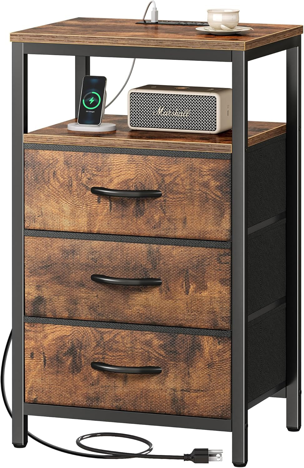 Rustic Brown Nightstand with Integrated Charging Station, 27.6 Inch Bedside Table Featuring Fabric Drawers, USB Ports, and Outlets for Bedroom Use