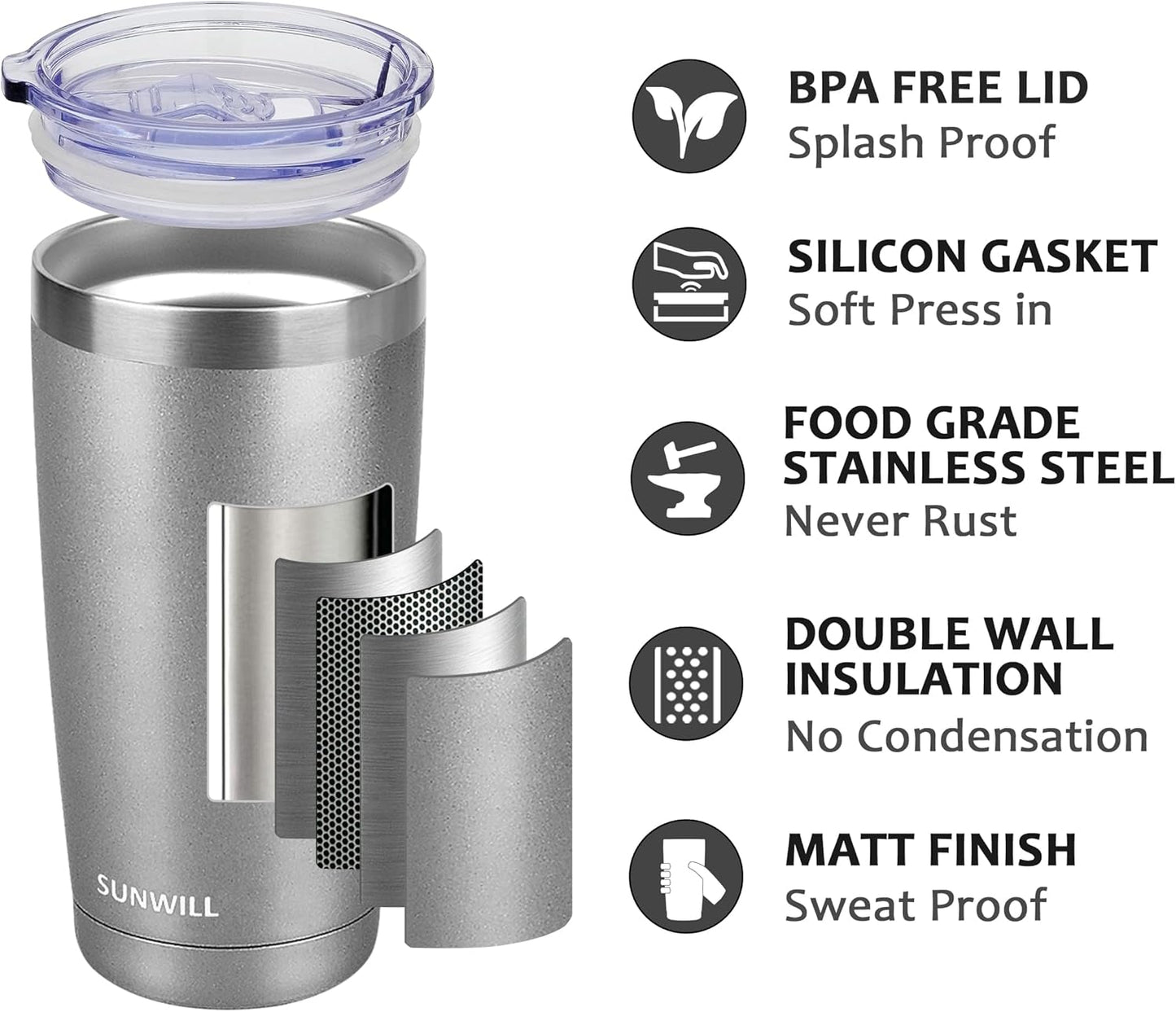 Travel Coffee Tumbler 20 Oz, Insulated Mug with Lid, Stainless Steel Cup for Hot and Cold Drinks, Cool Grey