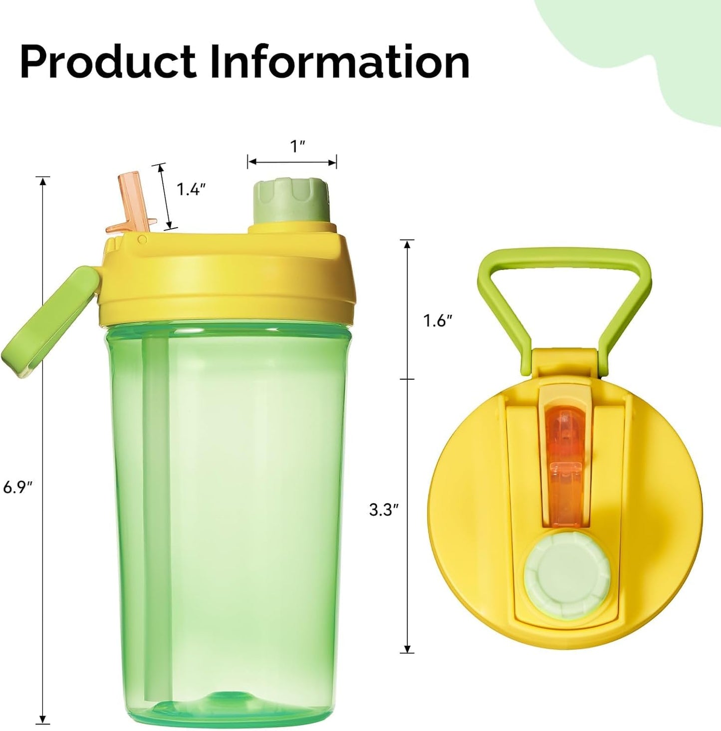 12Oz Kids Water Bottle with Straw Leak-Proof Toddler Water Bottle Plastic Water Bottles Bpa-Free Toddler Straw Cups with Handle for Travel Fitness School, GREEN