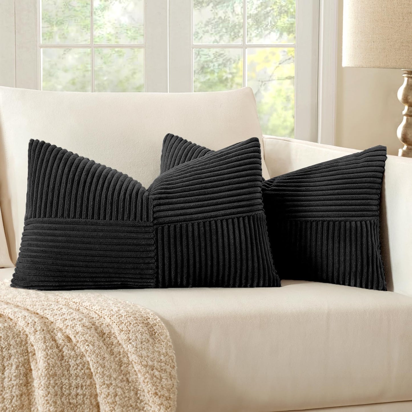 Black Corduroy Decorative Pillow Covers Set of 2, Bohemian Style Spliced Throw Pillowcases, Soft Solid Couch Cushion Covers with Cross Patchwork Texture for Living Room and Bedroom, 12x24 Inches