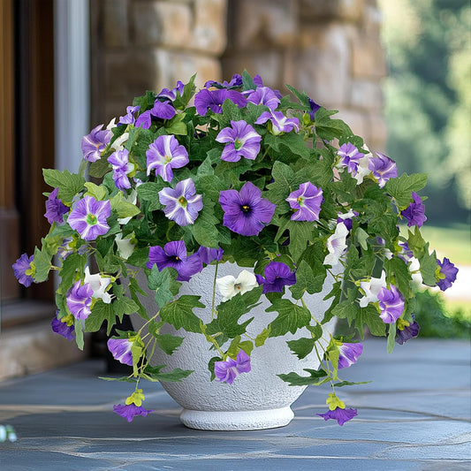 Artificial Flowers for Outdoors, 2PCS Realistic Fake Silk Petunias UV Resistant No Fade Spring Floral, Faux Flowers for Outdoor Garden Windowsill Patio Porch Home Decor, Purple White