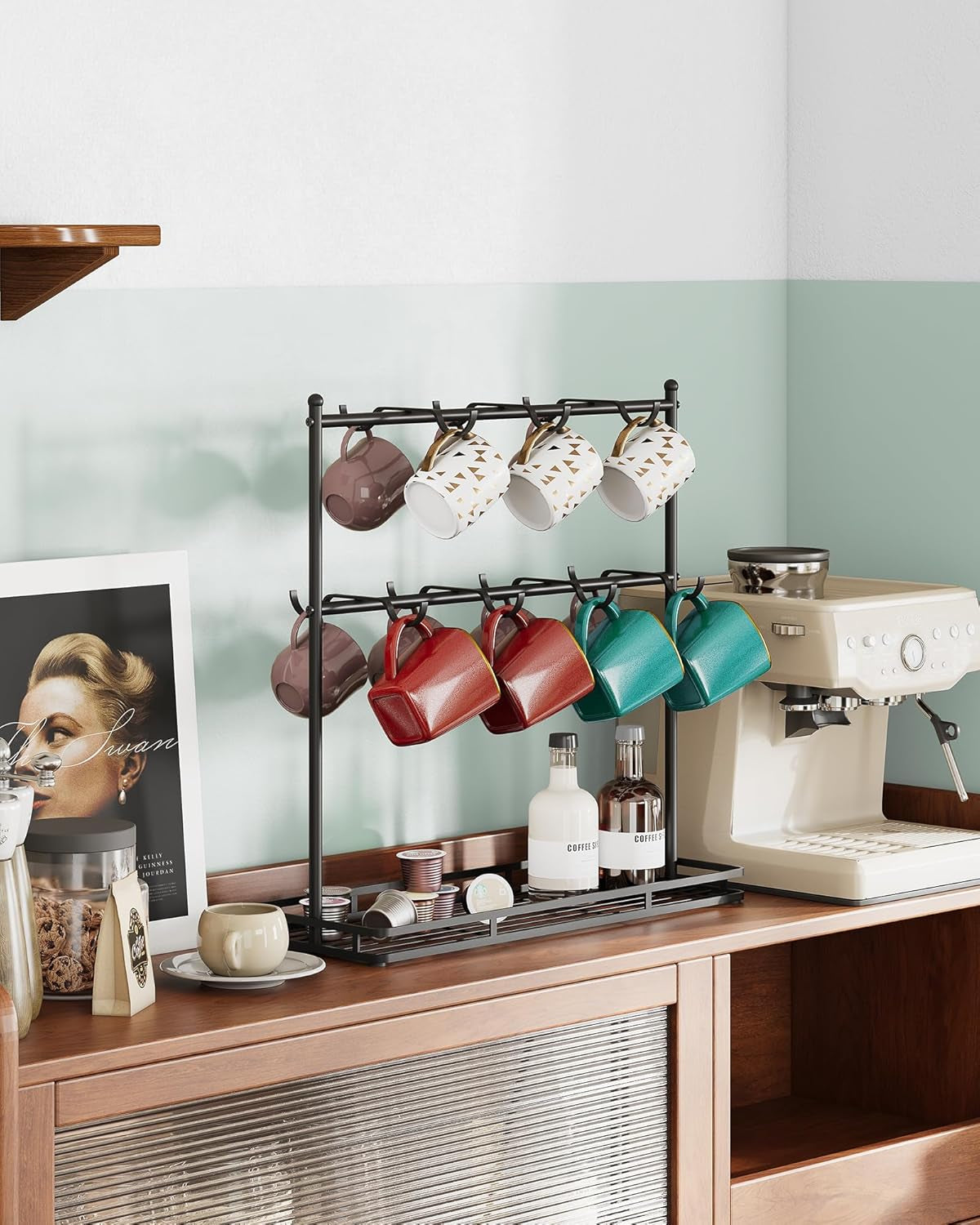 Coffee Mug Holder for Countertop, 14-Hook Mug Tree Rack for 14 Cups, 2 Tier Mug Display Stand with Heavy Duty Metal Base