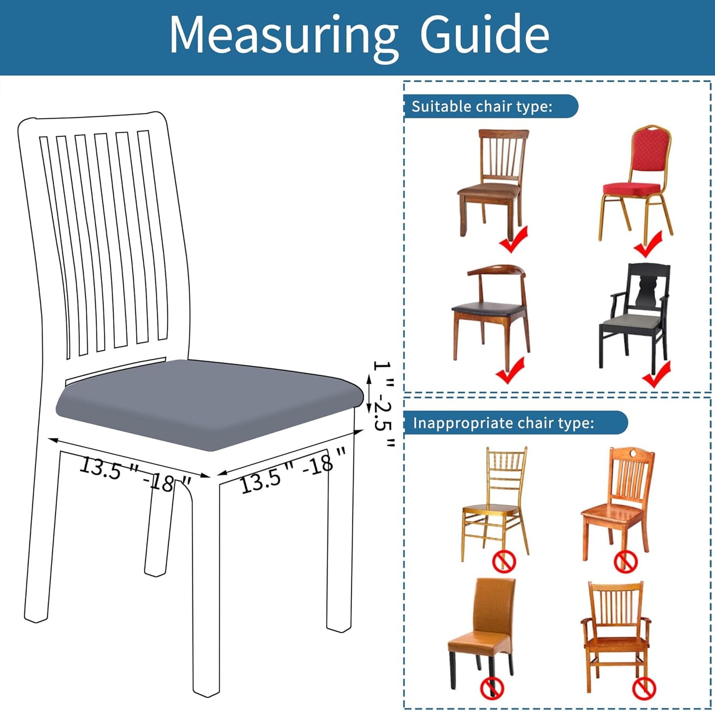 Seat Covers for Dining Room Chairs Set of 2, Stretch Jacquard Dining Chair Covers Removable Washable Slipcovers Protector, Grey