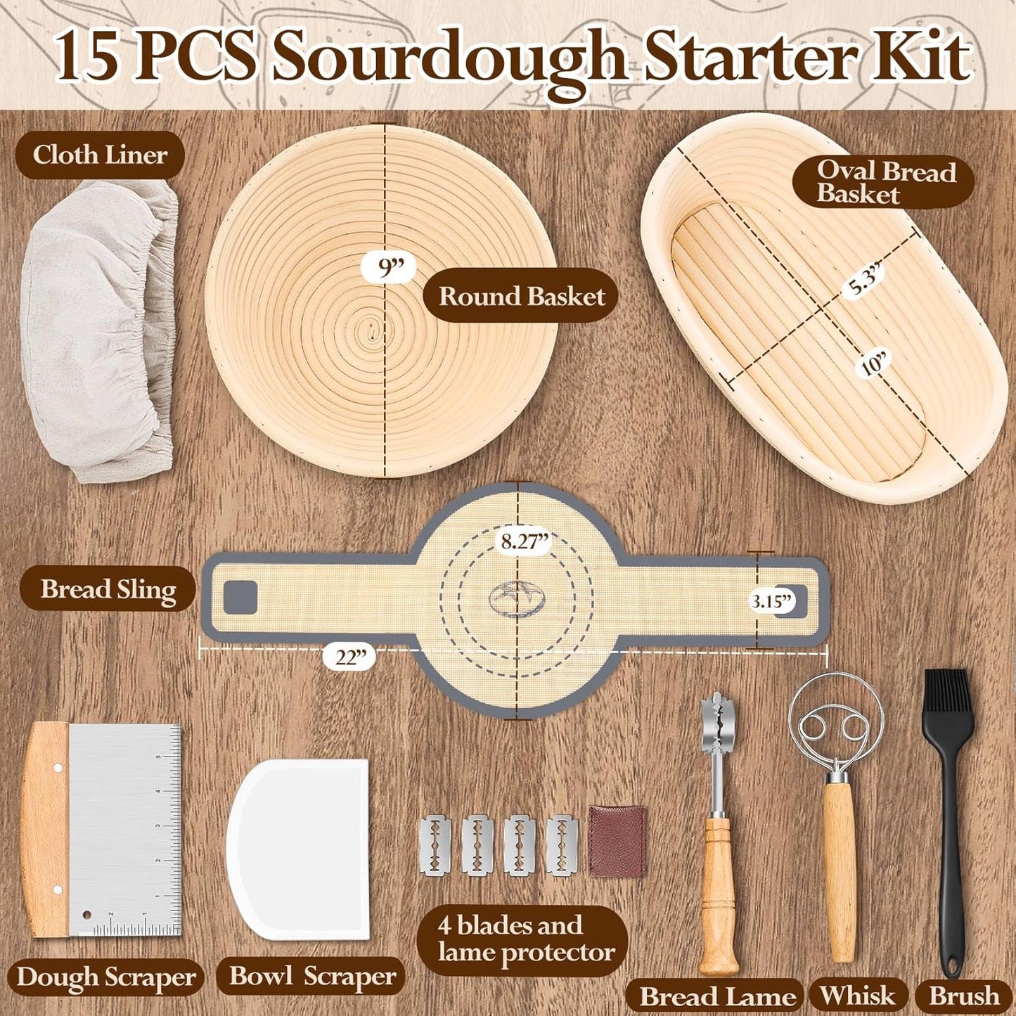 Sourdough Bread Baking Supplies, 9” round & 10” Oval Sourdough Proofing Baskets Starter Kit, Bread Making Tool Set with Cloth Liner Bread Lame Scraper Brush Dough Whisk