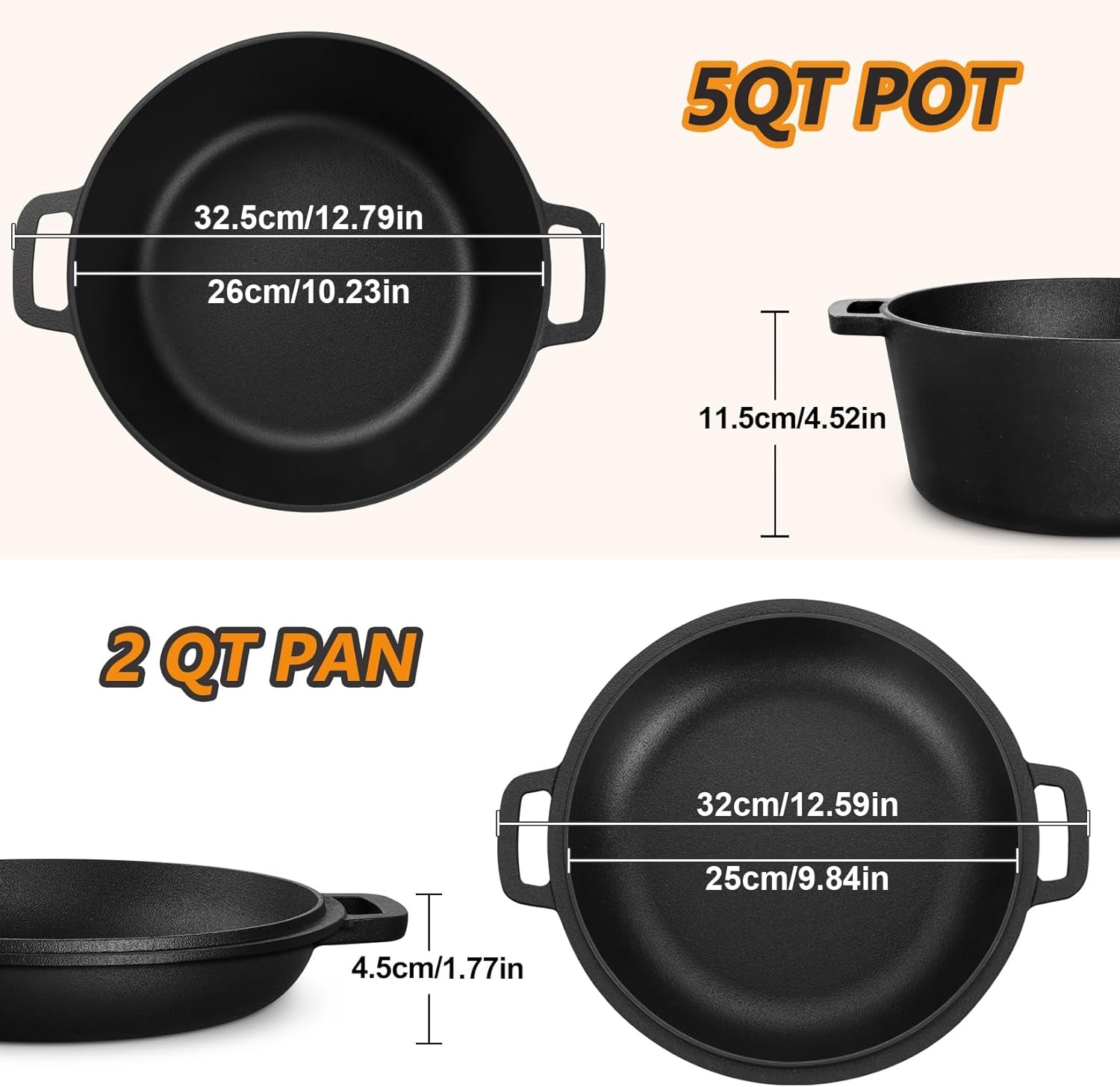 5Qt Dutch Oven Pot for Bread Baking (Black), 2 in 1 round Cast Iron Dutch Oven with Lid Set, Skillet & Pot for Roasting Braising Stewing Frying Simmering, Multi Stoves & Oven Safe