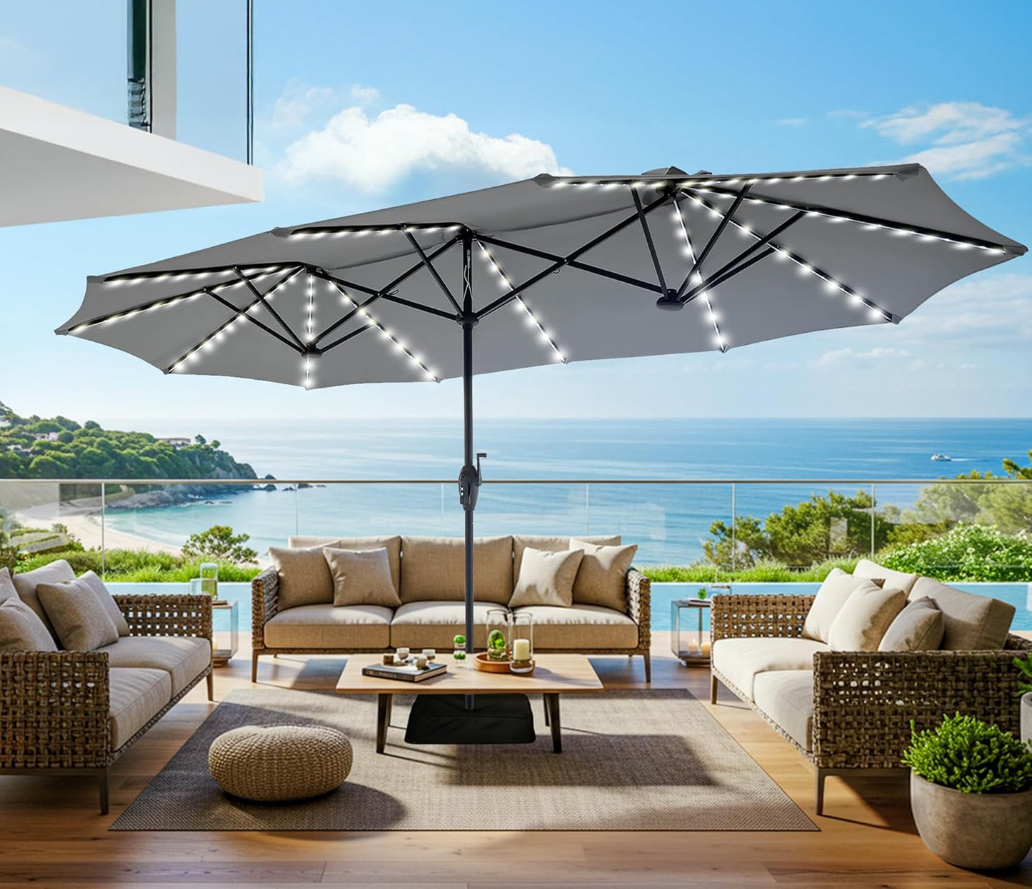 13-Foot Double-Sided Outdoor Patio Umbrella with Solar Lighting, Fade-Resistant Canopy, 12 Durable Ribs, for Deck, Pool, Porch, and Market Use