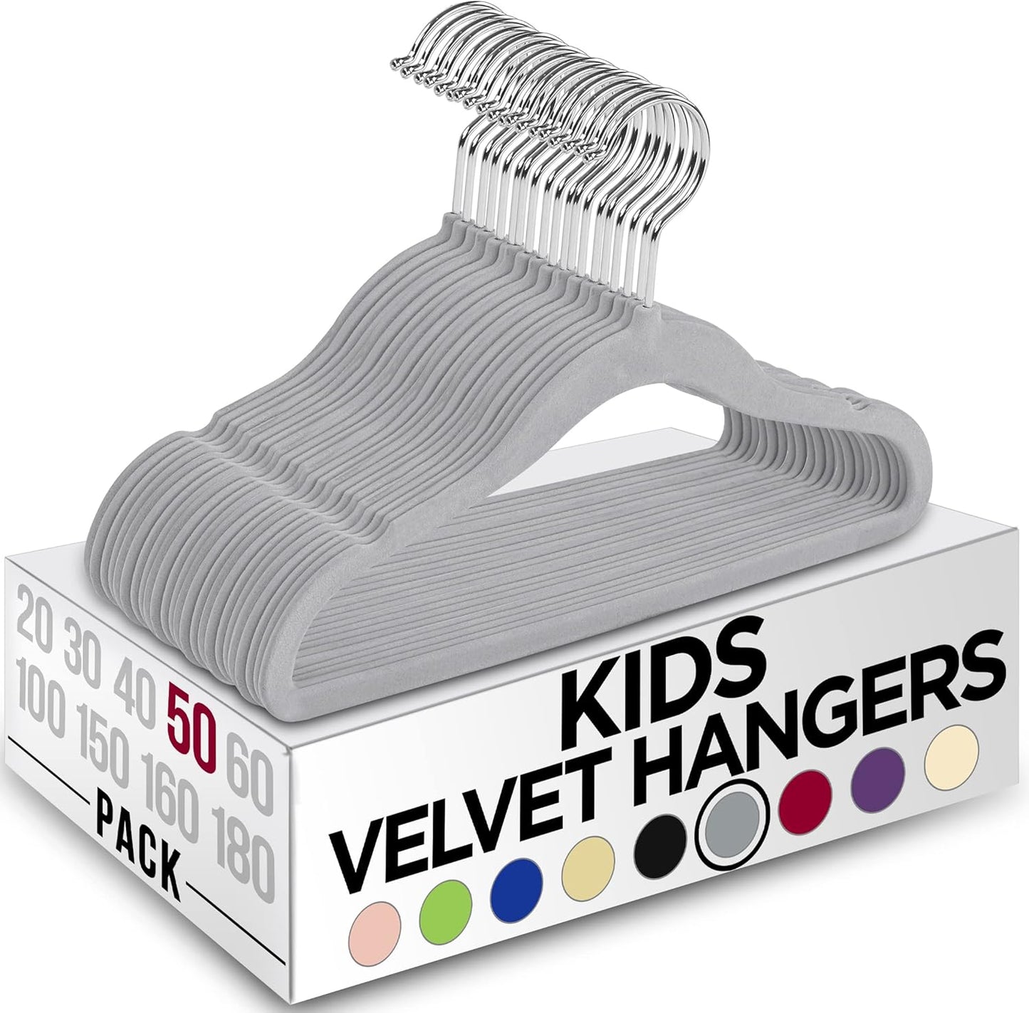 Kids Hangers Velvet (50 Pack) - 11 Inch Durable Baby Hangers for Closet - Perfect for Toddler & Non Slip for Everyday Use (Grey)