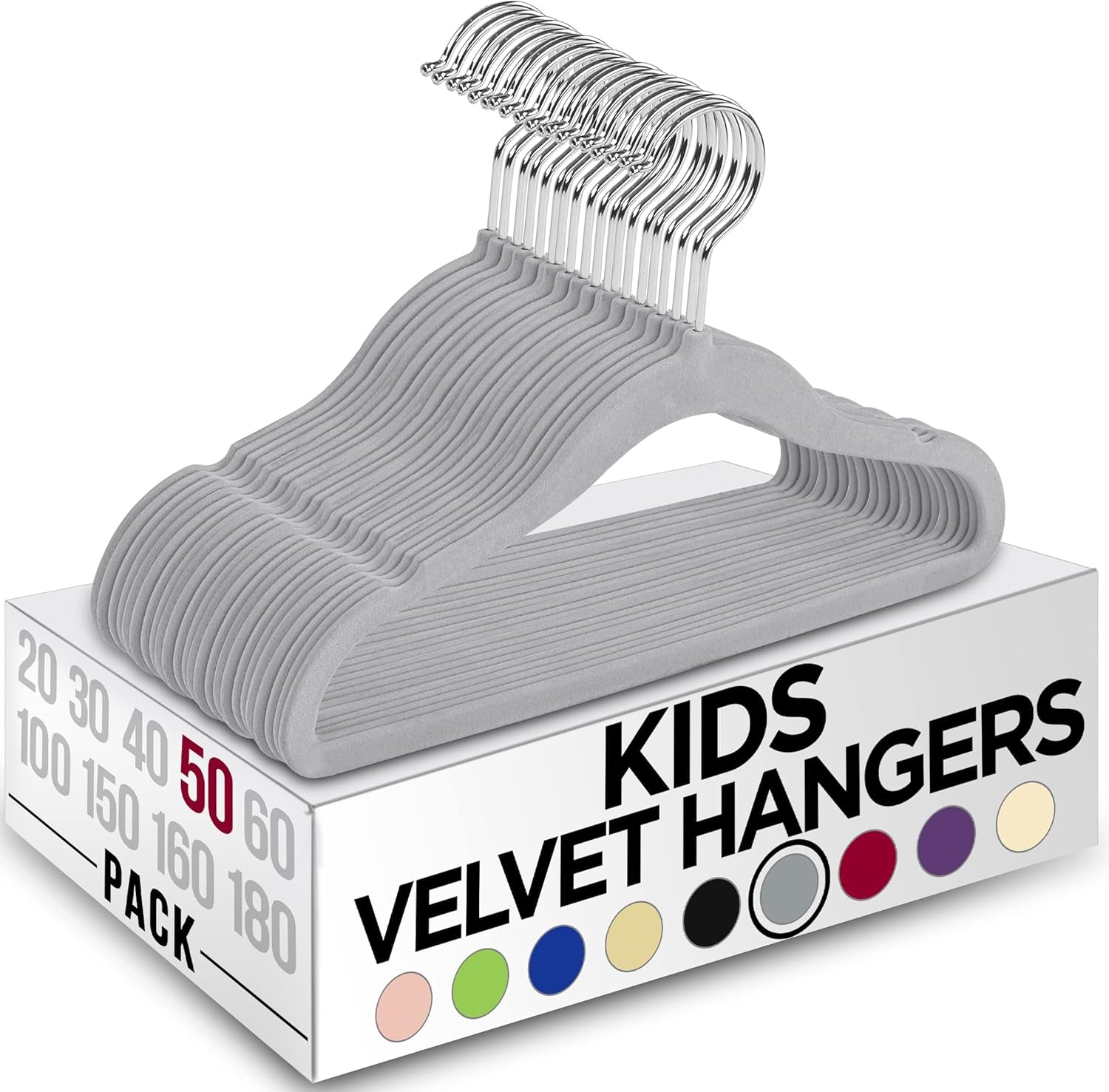 Kids Hangers Velvet (50 Pack) - 11 Inch Durable Baby Hangers for Closet - Perfect for Toddler & Non Slip for Everyday Use (Grey)