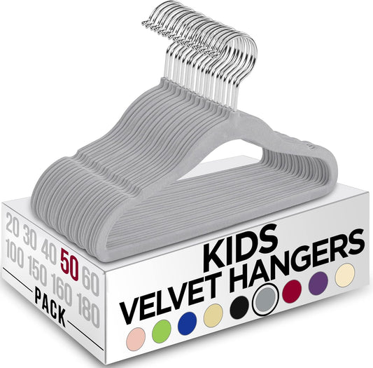 Kids Hangers Velvet (50 Pack) - 11 Inch Durable Baby Hangers for Closet - Perfect for Toddler & Non Slip for Everyday Use (Grey)