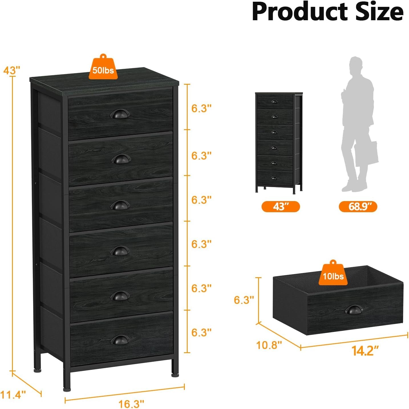 Elegant Tall Dresser with 6 Drawers and Vertical Bedside End Table - Black Storage Tower Nightstand with Fabric Drawer Organizer for Bedroom, Living Room, Closet, and Hallway