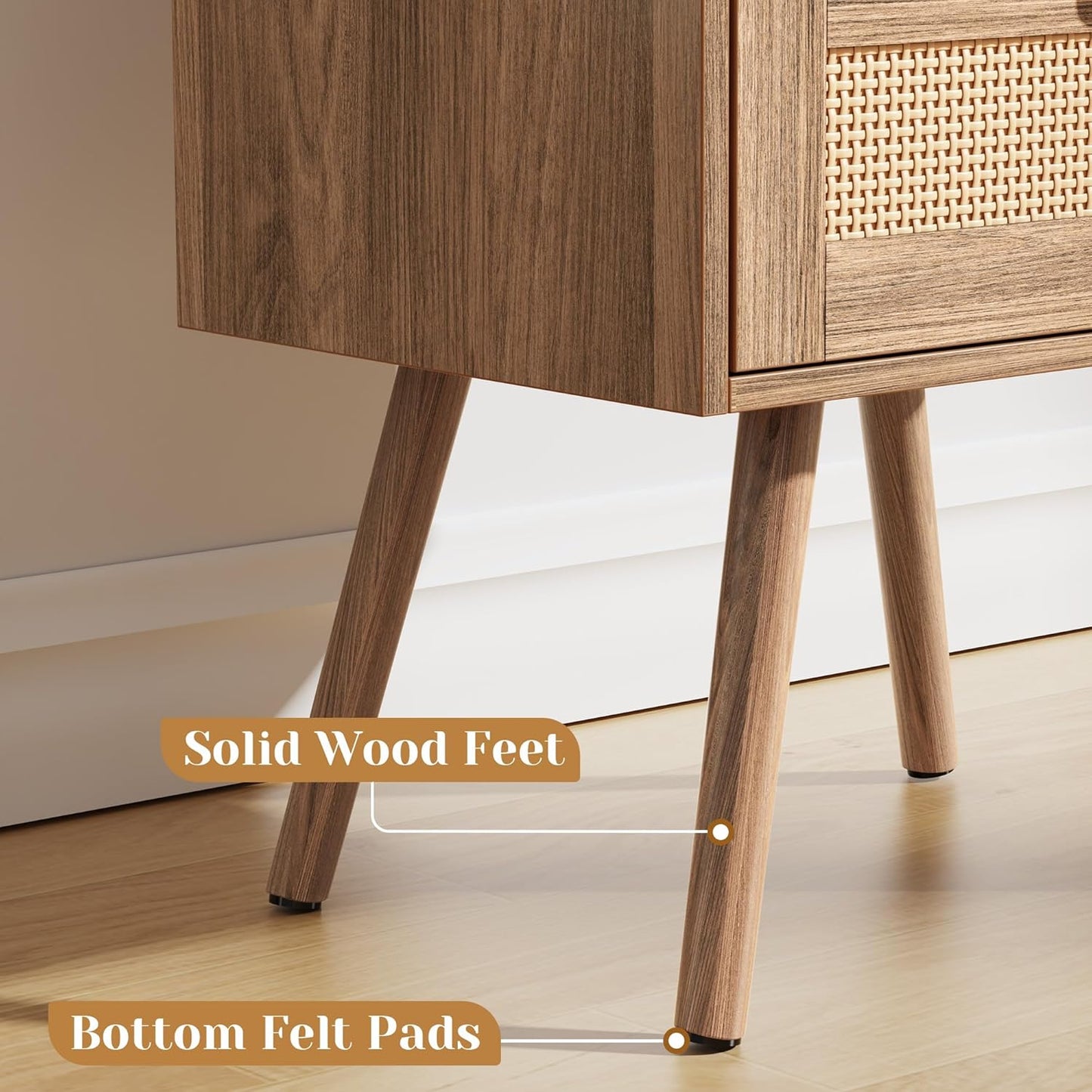 Walnut Nightstand with Integrated Charging Station and Rattan-Style Drawer, Solid Wood Legs, Open Storage Design for Bedroom, Living Room, and Dormitory