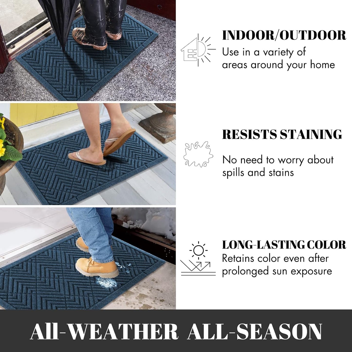 Door Mat Outdoor Entrance with Water Freeing Port, Heavy Duty Sturdy Non Slip Front Doormat Outdoor Indoor for Home Entranway, Patio Entrance Mat, Natural Rubber Backing, 29.5 X 17 Inch, Blue