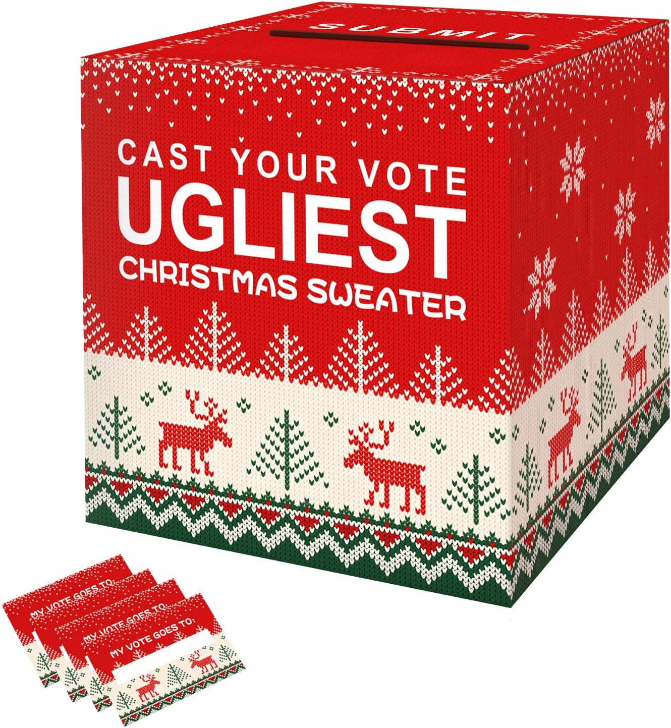 Ugly Sweater Contest Ballot Box, Voting Cards Box Set with 50 Voting Cards Sweater Contest Ballot Box for Christmas Games Party Decorations
