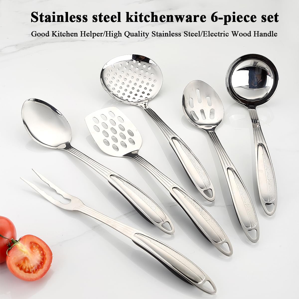 Premium 6-Piece Stainless Steel Kitchen Utensil Set with Essential Cooking Tools Including Metal Spatula, Skimmer, Ladle, Serving Spoon, Slotted Spoon, and Carving Fork