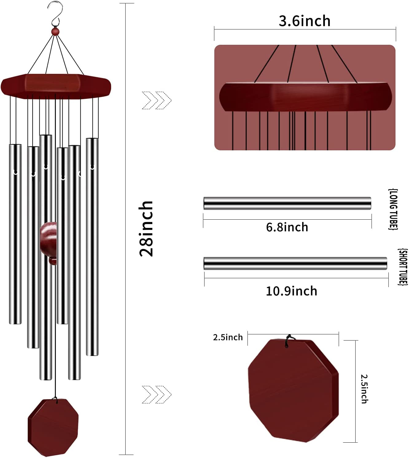 Wind Chimes for Outside, Wind Chimes Outdoor Deep Tone with 6 Metal Tubes and Hook, Memorial Windchimes Home Outdoor Decor for Garden, Patio, Yard