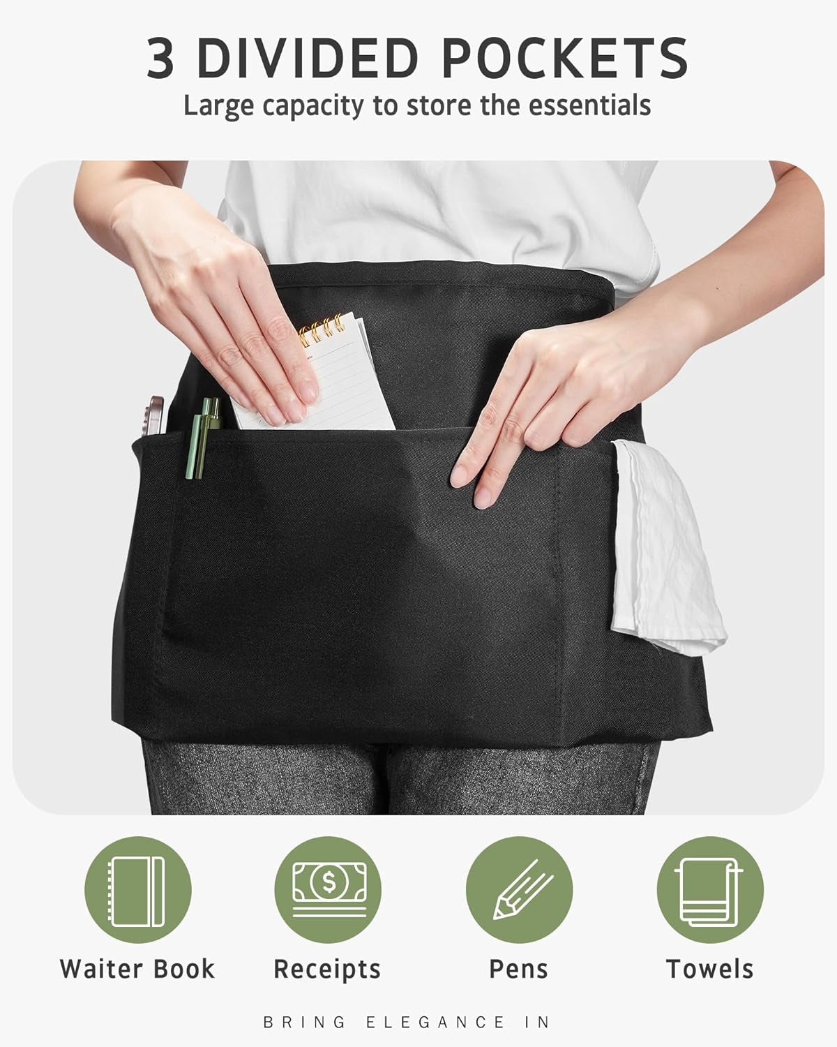 12 Pack Server Aprons with 3 Pockets, Water Resistant Waitress Waist Apron for Women Men, Server Apron with Large Pockets for Waitress Book, Phone & Cutleries, 11.5-Inch Black
