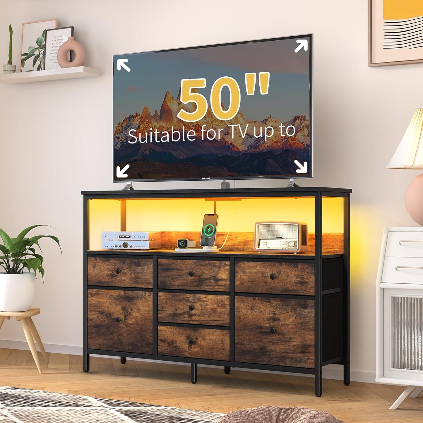 LED TV Stand for Bedroom, 50 Inch Kids Dresser with Power Outlets, 7 Drawers Entertainment Center with Storage Shelf, Living Room Console