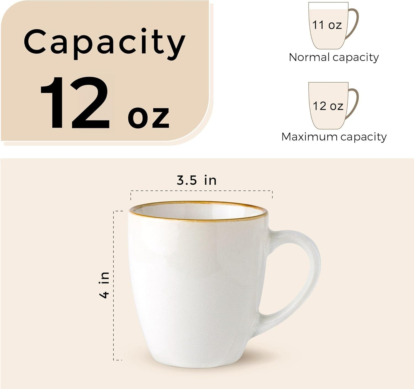 Ceramic Coffee Mug Set of 6, 12oz Stoneware Cups for Versatile Beverages, Lightweight and Dishwasher/Microwave Safe - Pearl White